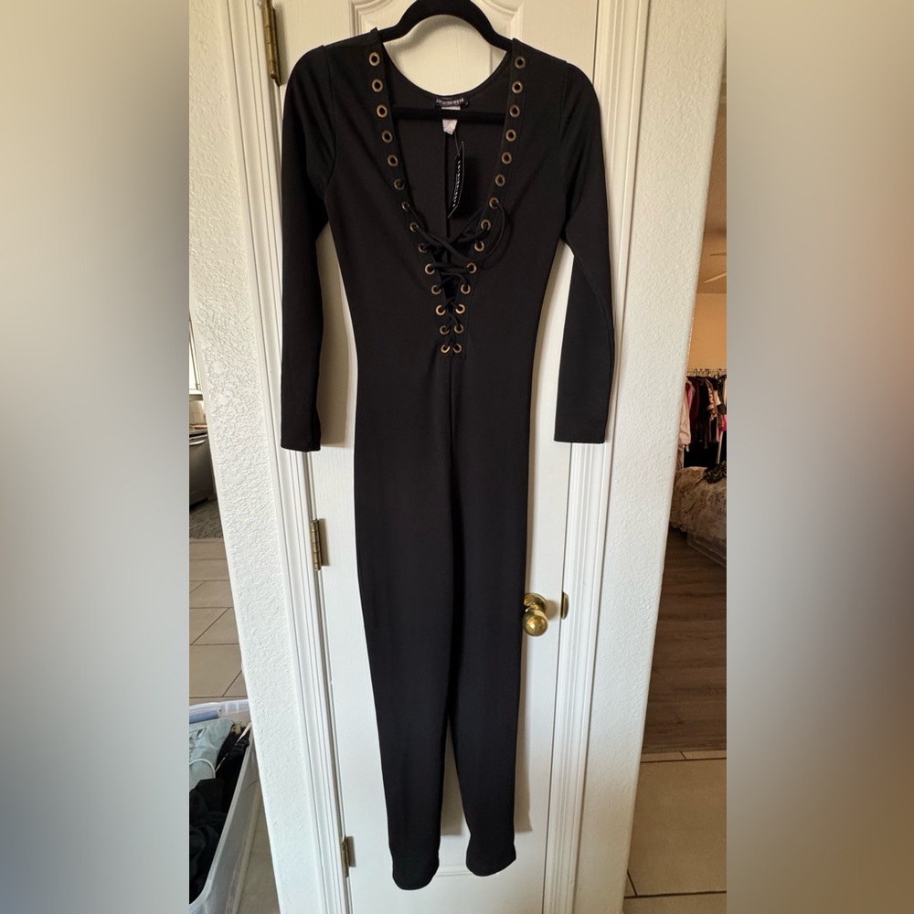 Black Lace-Up Jumpsuit NWT cat suit S